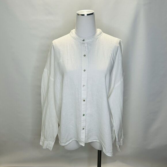 Eileen Fisher White Organic Handkerchief Linen Classic Band Collar Shirt Large - Picture 1 of 9